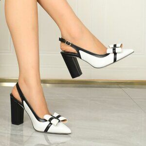 Black And White Elegant Women's Bow Adjustable Backless High Heel Pumps
